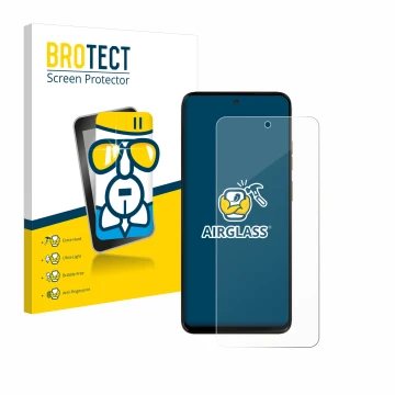 Parte frontal de un envase de producto con el logotipo de la marca BROTECT. Al lado se muestra el dispositivo Motorola Moto G1
