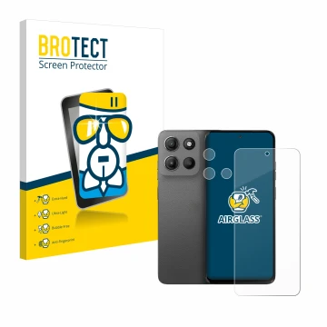 Parte frontal de un envase de producto con el logotipo de la marca BROTECT. Al lado se muestra el dispositivo Motorola Moto G1