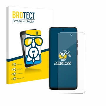 Parte frontal de un envase de producto con el logotipo de la marca BROTECT. Al lado se muestra el dispositivo Motorola Moto G0