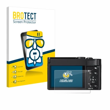 Parte frontal de un envase de producto con el logotipo de la marca BROTECT. Al lado se muestra el dispositivo Panasonic Lumix 