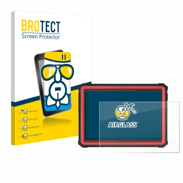 Parte frontal de un envase de producto con el logotipo de la marca BROTECT. Al lado se muestra el dispositivo Launch X-431 PRO
