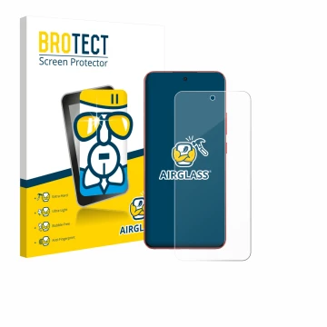Parte frontal de un envase de producto con el logotipo de la marca BROTECT. Al lado se muestra el dispositivo Oppo A5 Pro con 