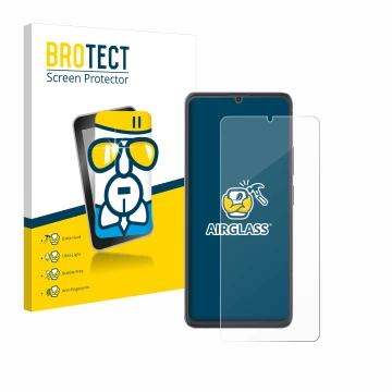 Parte frontal de un envase de producto con el logotipo de la marca BROTECT. Al lado se muestra el dispositivo Cubot A20 con su