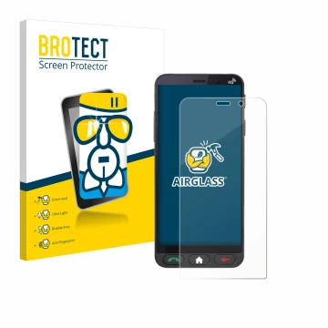 Parte frontal de un envase de producto con el logotipo de la marca BROTECT. Al lado se muestra el dispositivo Brondi Amico Ver