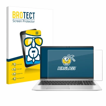 Parte frontal de un envase de producto con el logotipo de la marca BROTECT. Al lado se muestra el dispositivo HP EliteBook 650