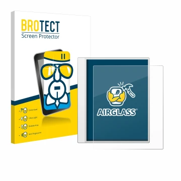 Parte frontal de un envase de producto con el logotipo de la marca BROTECT. Al lado se muestra el dispositivo Boox Note Max co