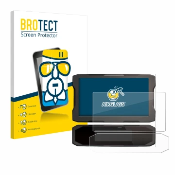 Parte frontal de un envase de producto con el logotipo de la marca BROTECT. Al lado se muestra el dispositivo Honda CRF1100L 2