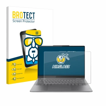 Parte frontal de un envase de producto con el logotipo de la marca BROTECT. Al lado se muestra el dispositivo Lenovo Yoga 7i 2