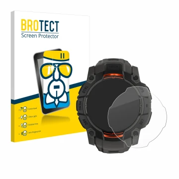 Parte frontal de un envase de producto con el logotipo de la marca BROTECT. Al lado se muestra el dispositivo Garmin Instinct 