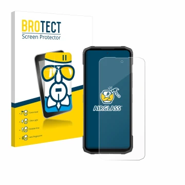 Parte frontal de un envase de producto con el logotipo de la marca BROTECT. Al lado se muestra el dispositivo Doogee Blade 10 