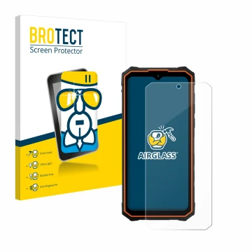 Parte frontal de un envase de producto con el logotipo de la marca BROTECT. Al lado se muestra el dispositivo Hotwav Cyber 13 