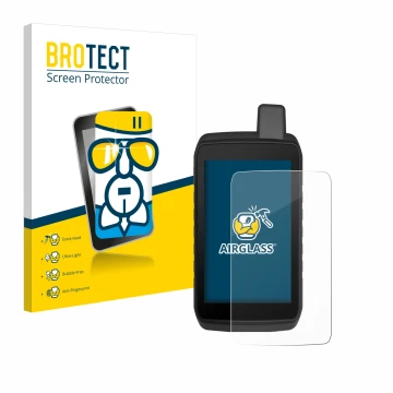 Parte frontal de un envase de producto con el logotipo de la marca BROTECT. Al lado se muestra el dispositivo Garmin Montana 7