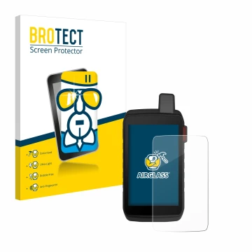 Parte frontal de un envase de producto con el logotipo de la marca BROTECT. Al lado se muestra el dispositivo Garmin Montana 7