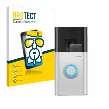 Parte frontal de un envase de producto con el logotipo de la marca BROTECT. Al lado se muestra el dispositivo Ring Battery Vid
