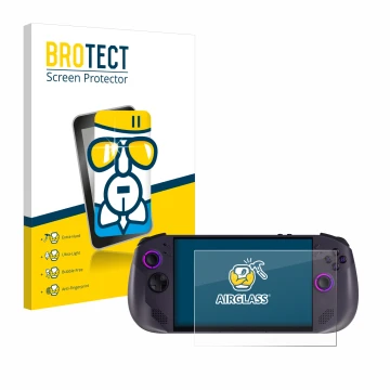 Parte frontal de un envase de producto con el logotipo de la marca BROTECT. Al lado se muestra el dispositivo Lenovo Legion Go