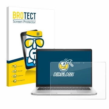 Parte frontal de un envase de producto con el logotipo de la marca BROTECT. Al lado se muestra el dispositivo Dell Pro 14 Plus