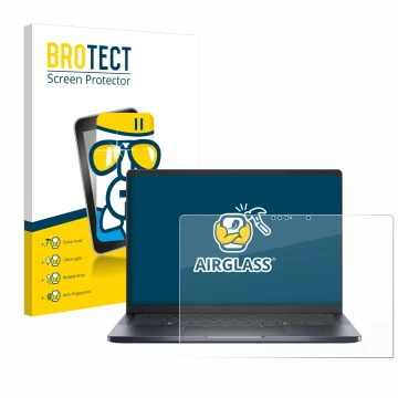 Parte frontal de un envase de producto con el logotipo de la marca BROTECT. Al lado se muestra el dispositivo Dell Pro 14 Prem