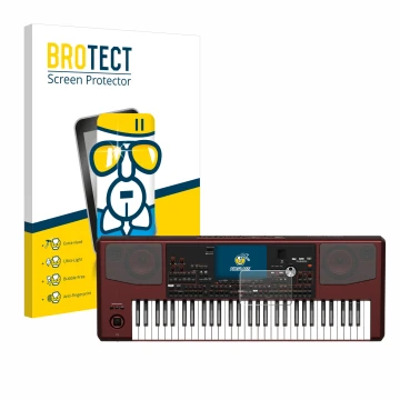 Parte frontal de un envase de producto con el logotipo de la marca BROTECT. Al lado se muestra el dispositivo KORG Pa700 con s