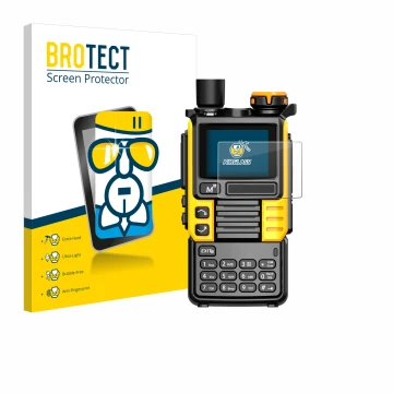 Parte frontal de un envase de producto con el logotipo de la marca BROTECT. Al lado se muestra el dispositivo Quansheng UV-K5 