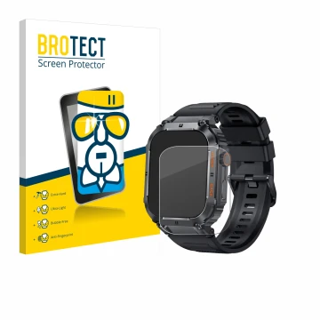 Parte frontal de un envase de producto con el logotipo de la marca BROTECT. Al lado se muestra el dispositivo bedee Smartwatch