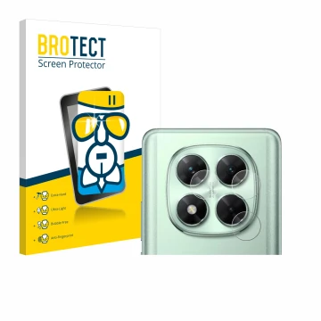 Parte frontal de un envase de producto con el logotipo de la marca BROTECT. Al lado se muestra el dispositivo Xiaomi Poco X7 (