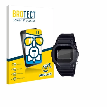 Parte frontal de un envase de producto con el logotipo de la marca BROTECT. Al lado se muestra el dispositivo Casio G-Shock DW