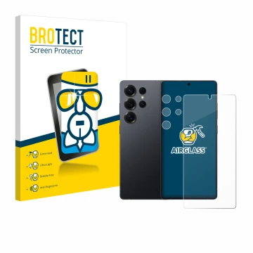 Parte frontal de un envase de producto con el logotipo de la marca BROTECT. Al lado se muestra el dispositivo Samsung Galaxy S