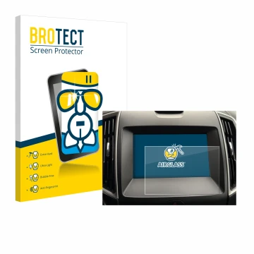 Parte frontal de un envase de producto con el logotipo de la marca BROTECT. Al lado se muestra el dispositivo Ford Galaxy Info