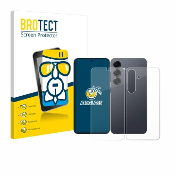 Parte frontal de un envase de producto con el logotipo de la marca BROTECT. Al lado se muestra el dispositivo Samsung Galaxy S