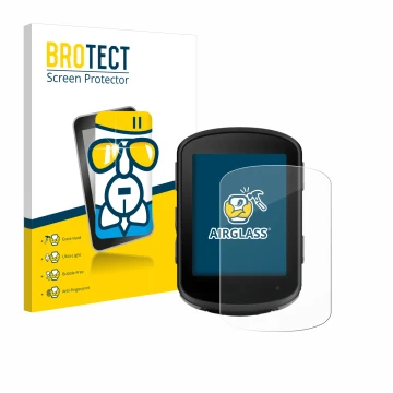 Parte frontal de un envase de producto con el logotipo de la marca BROTECT. Al lado se muestra el dispositivo Garmin Edge 540 