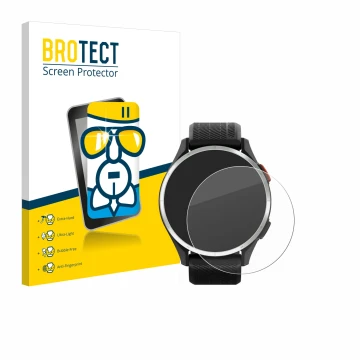 Parte frontal de un envase de producto con el logotipo de la marca BROTECT. Al lado se muestra el dispositivo Garmin Approach 