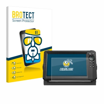 Parte frontal de un envase de producto con el logotipo de la marca BROTECT. Al lado se muestra el dispositivo Lowrance Eagle 9