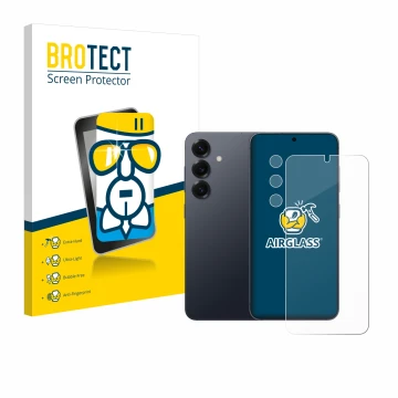 Parte frontal de un envase de producto con el logotipo de la marca BROTECT. Al lado se muestra el dispositivo Samsung Galaxy S