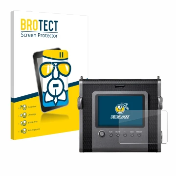 Parte frontal de un envase de producto con el logotipo de la marca BROTECT. Al lado se muestra el dispositivo Fujifilm Instax 