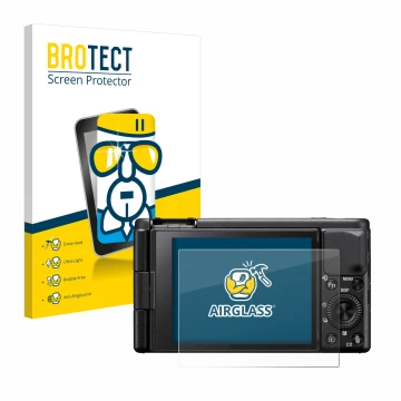 Parte frontal de un envase de producto con el logotipo de la marca BROTECT. Al lado se muestra el dispositivo Sony ZV-1A con s