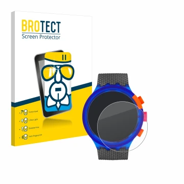 Parte frontal de un envase de producto con el logotipo de la marca BROTECT. Al lado se muestra el dispositivo Swatch Neon Part