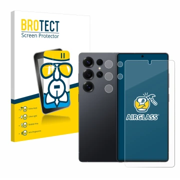 Parte frontal de un envase de producto con el logotipo de la marca BROTECT. Al lado se muestra el dispositivo Samsung Galaxy S