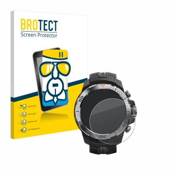 Parte frontal de un envase de producto con el logotipo de la marca BROTECT. Al lado se muestra el dispositivo Xiaomi Mibro GS 