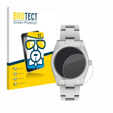 Parte frontal de un envase de producto con el logotipo de la marca BROTECT. Al lado se muestra el dispositivo Rolex Oyster Per