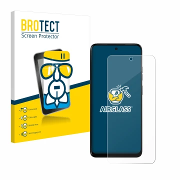 Parte frontal de un envase de producto con el logotipo de la marca BROTECT. Al lado se muestra el dispositivo Motorola Moto E1