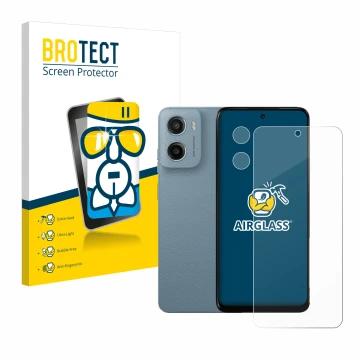 Parte frontal de un envase de producto con el logotipo de la marca BROTECT. Al lado se muestra el dispositivo Motorola Moto E1