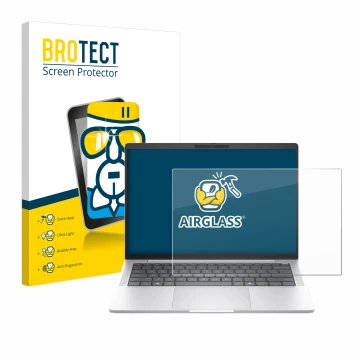 Parte frontal de un envase de producto con el logotipo de la marca BROTECT. Al lado se muestra el dispositivo HP EliteBook 104