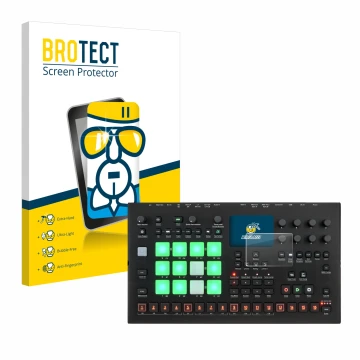 Parte frontal de un envase de producto con el logotipo de la marca BROTECT. Al lado se muestra el dispositivo Elektron Analog 