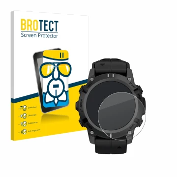 Parte frontal de un envase de producto con el logotipo de la marca BROTECT. Al lado se muestra el dispositivo Garmin Descent G