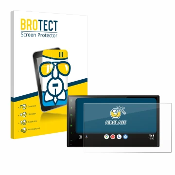 Parte frontal de un envase de producto con el logotipo de la marca BROTECT. Al lado se muestra el dispositivo Pioneer SPH-DA77