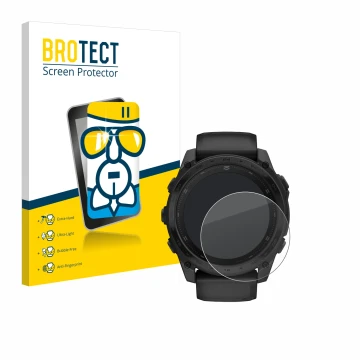 Parte frontal de un envase de producto con el logotipo de la marca BROTECT. Al lado se muestra el dispositivo Garmin Tactix 8 