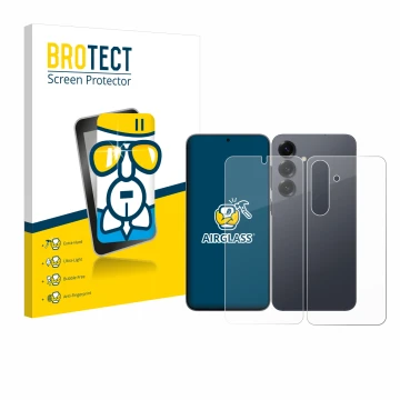Parte frontal de un envase de producto con el logotipo de la marca BROTECT. Al lado se muestra el dispositivo Samsung Galaxy S