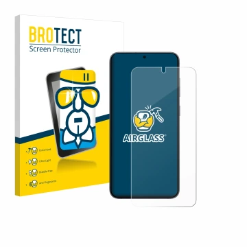 Parte frontal de un envase de producto con el logotipo de la marca BROTECT. Al lado se muestra el dispositivo Samsung Galaxy S
