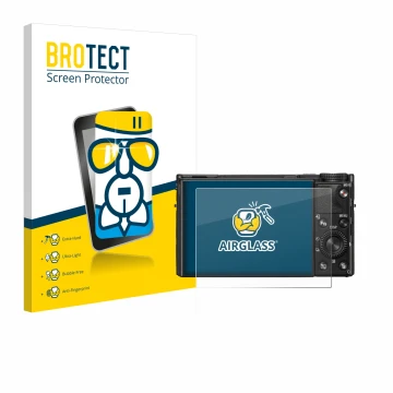 Parte frontal de un envase de producto con el logotipo de la marca BROTECT. Al lado se muestra el dispositivo Sony Cyber-Shot 