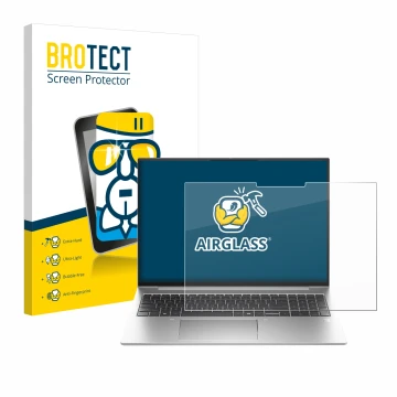 Parte frontal de un envase de producto con el logotipo de la marca BROTECT. Al lado se muestra el dispositivo HP EliteBook 835